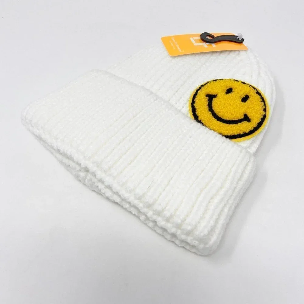 Smiley Face Knit Stocking Cap Hat Ivory